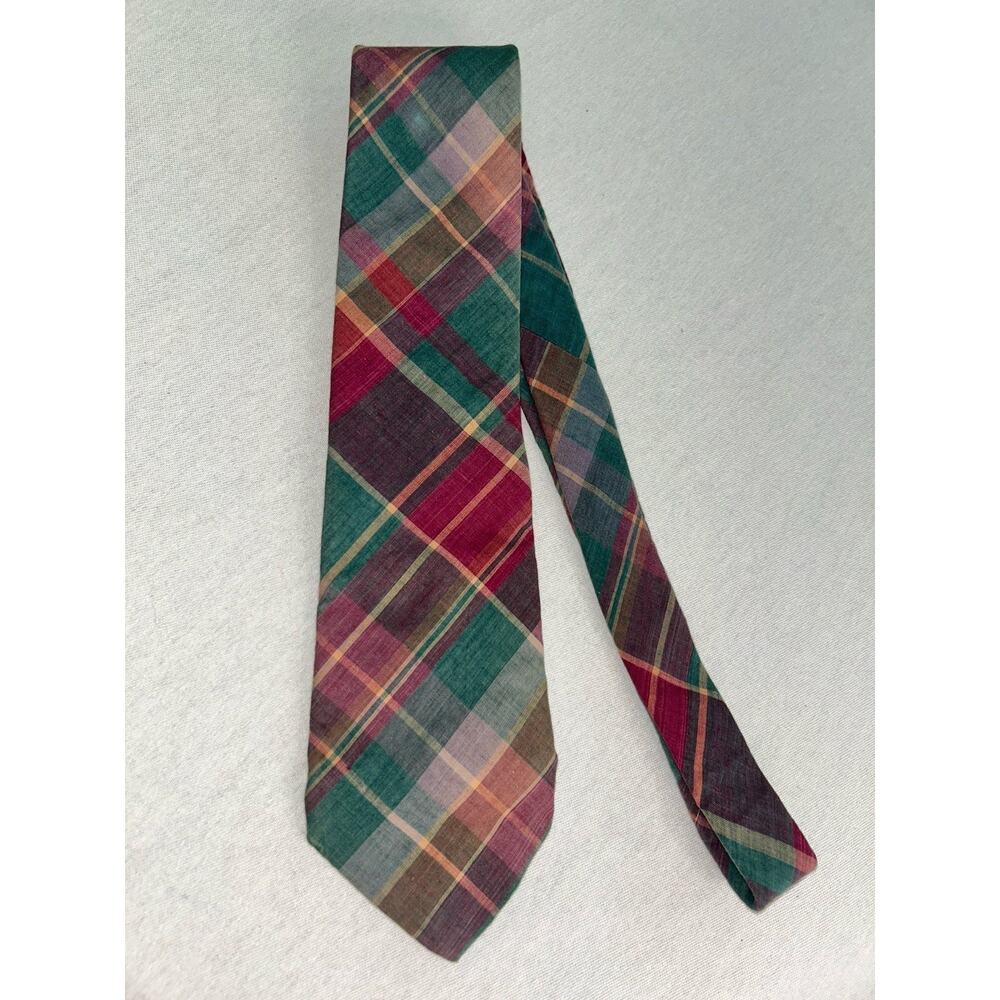 Lands' End Men's 100% Cotton Tie Pink Purple Green Plaid Made in USA